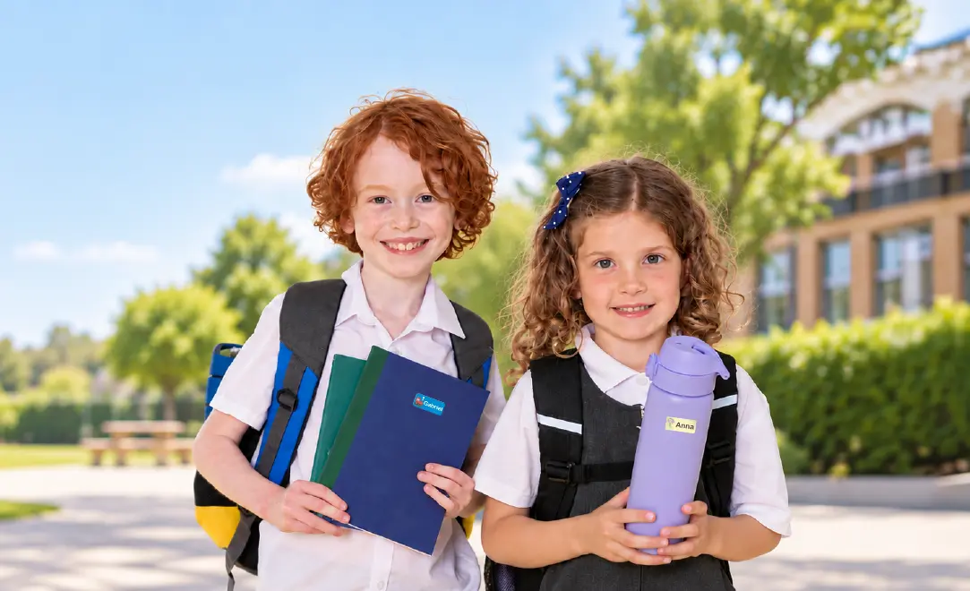 Two children standing in front of a school with their labelled items