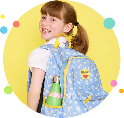 school girl with a backpack on that has a maxisticker label on it.