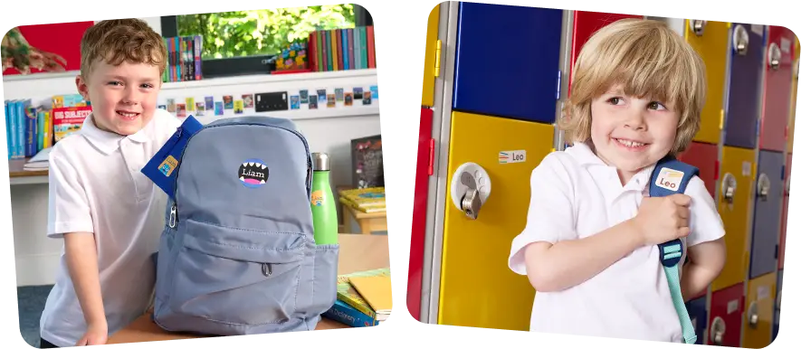 schoolboys with their labelled backpacks.
