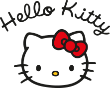 Hello Kitty logo with Hello Kitty written above, on a pink background