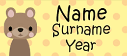 My Nametags label with brown bear, name, surname and year, on a yellow and orange polka dot background